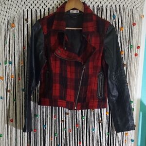 Pastels Red and Black Plaid Biker Jacket